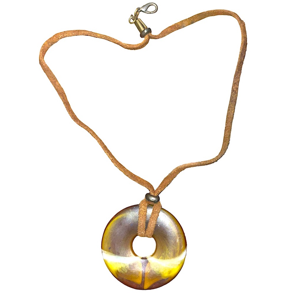 Tigers Eye‎ Donut on Leather Strap Necklace, Vintage but EUC